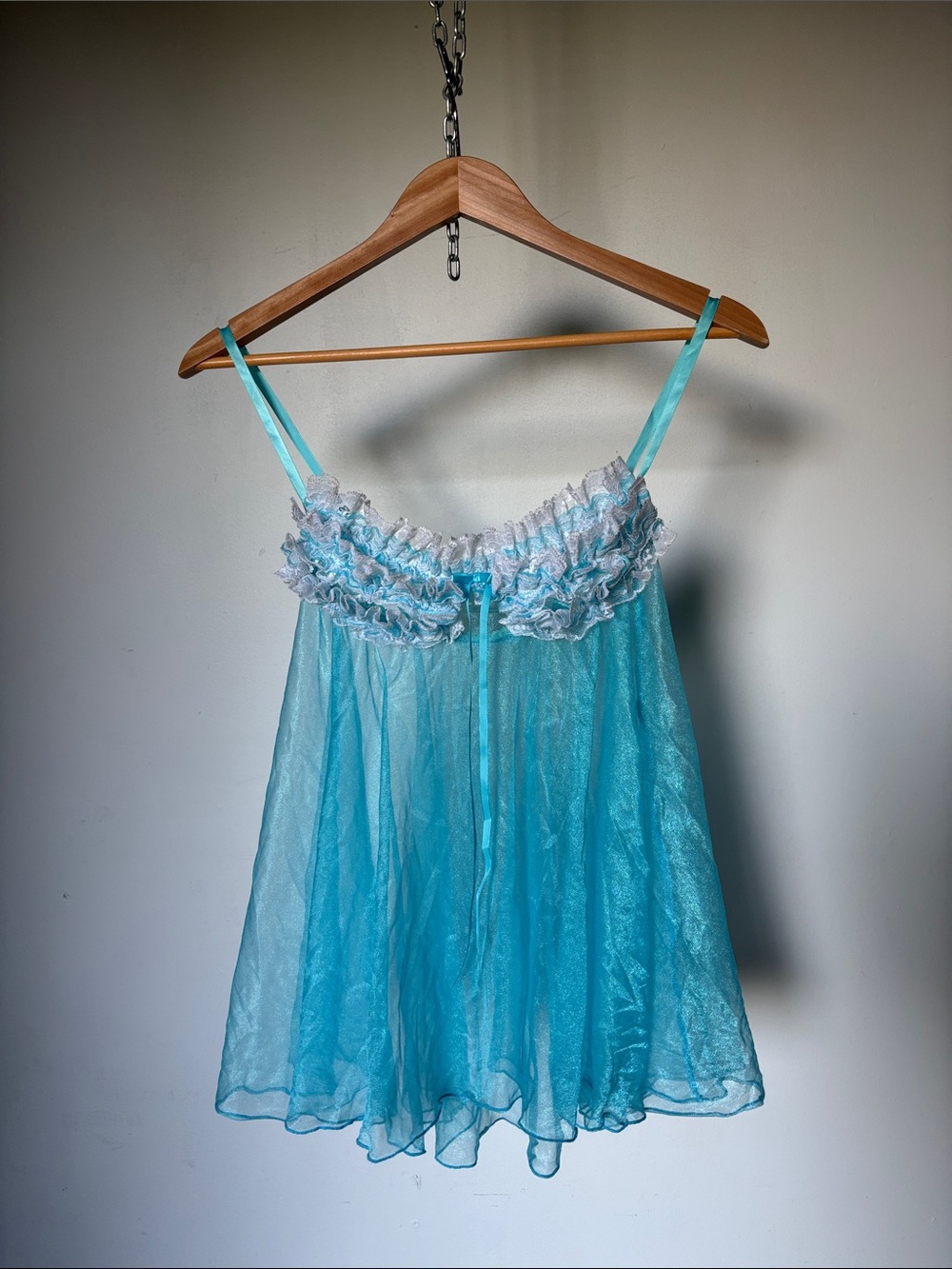 Y2K Era Sheer Ruffled Babydoll Chemise in Aqua with White Lace